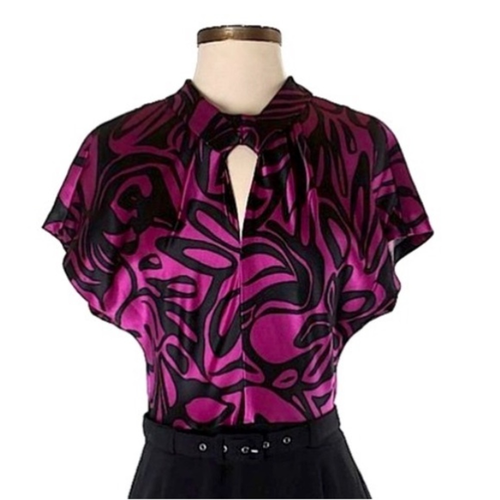TRINA TURK 100% Silk Black & Magenta Belted Midi Dress Sz S - Picture 2 of 6